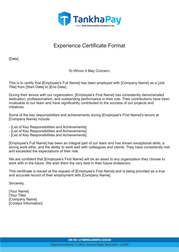 Experience Certificate Format