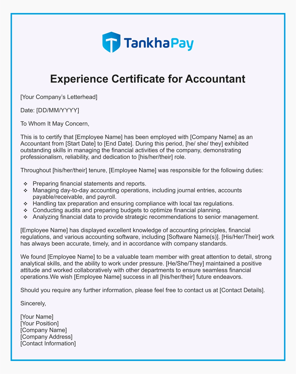 Experience Certificate for Accountant