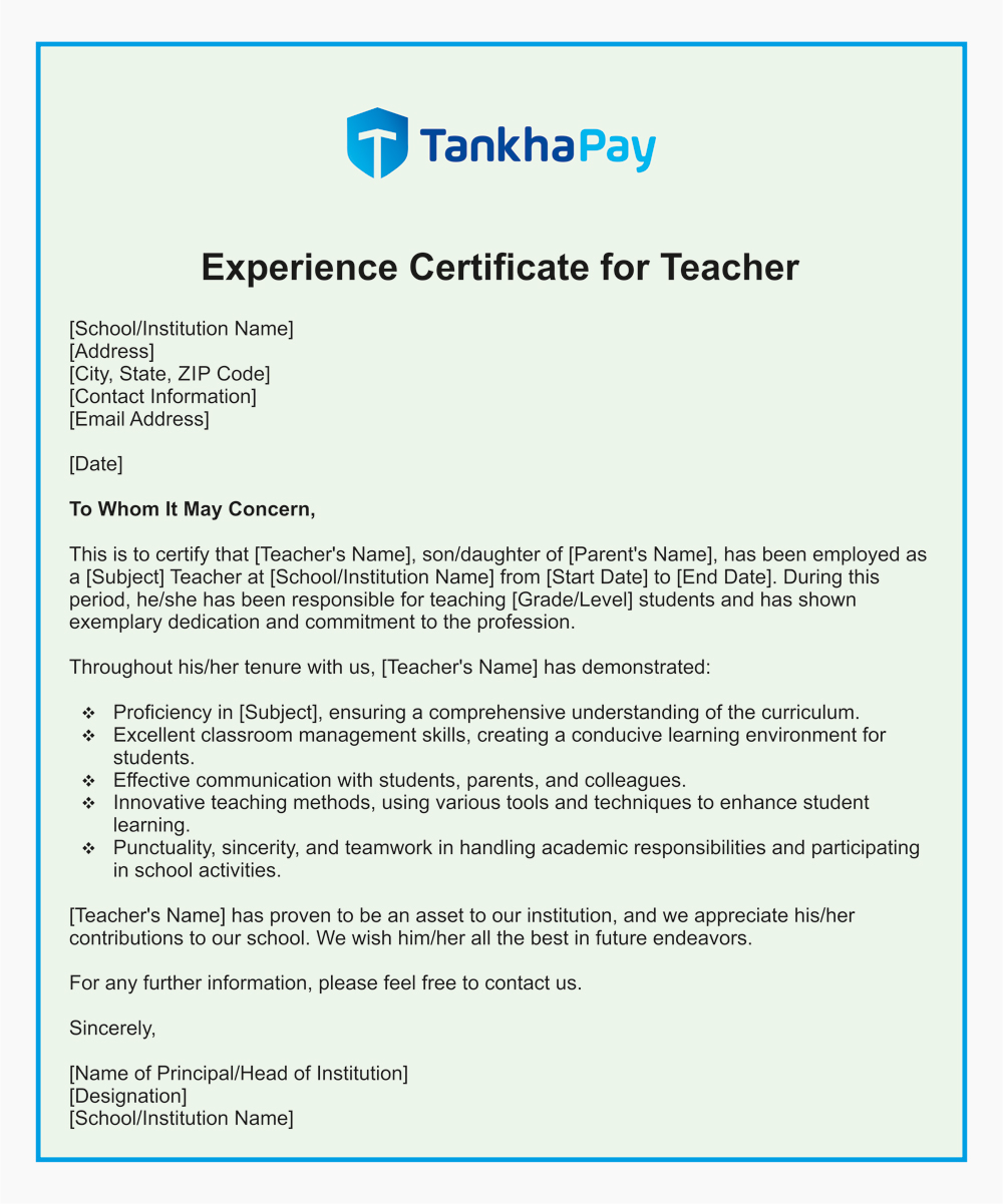 Experience Certificate for Teacher