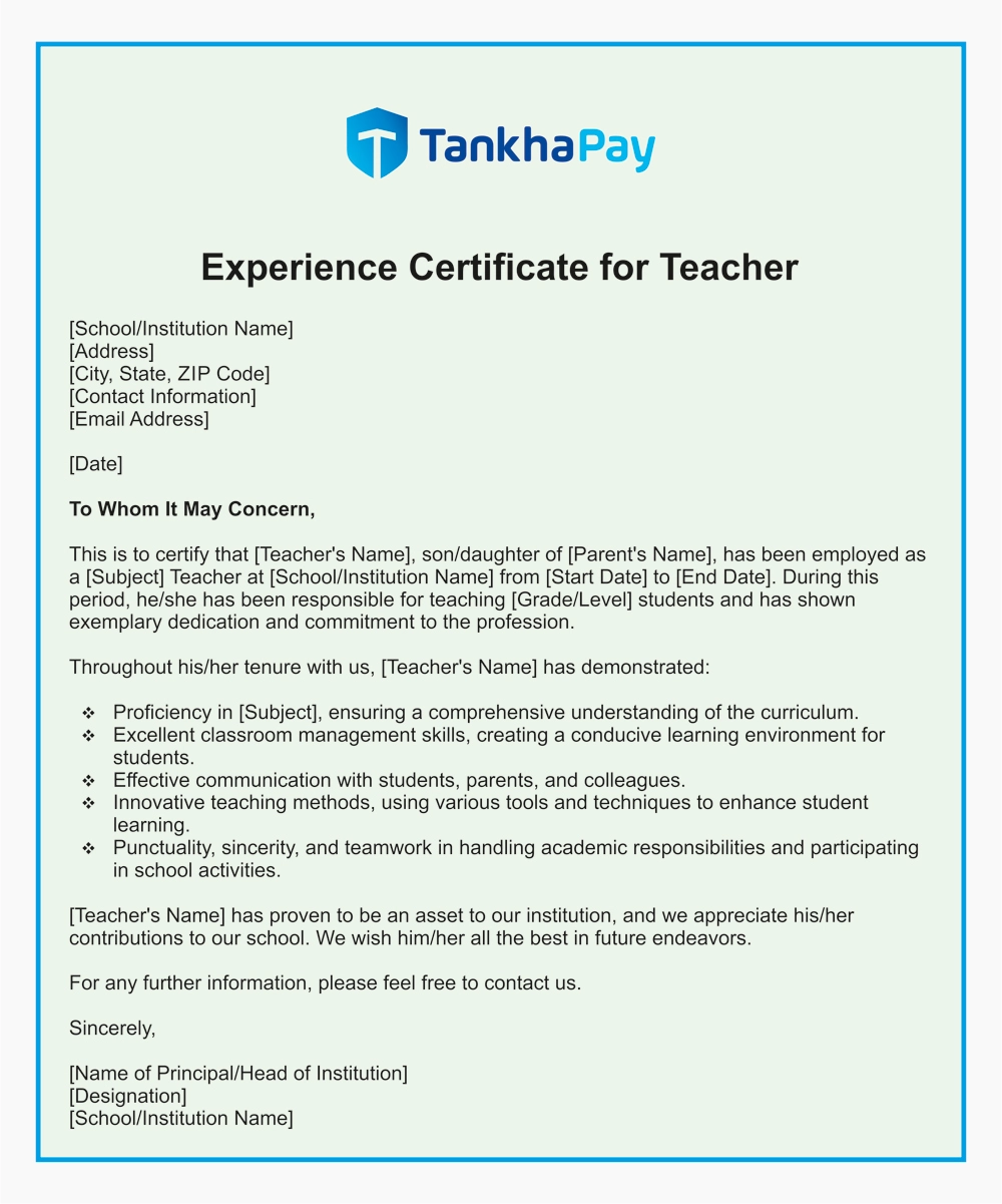 Experience Certificate for Teacher