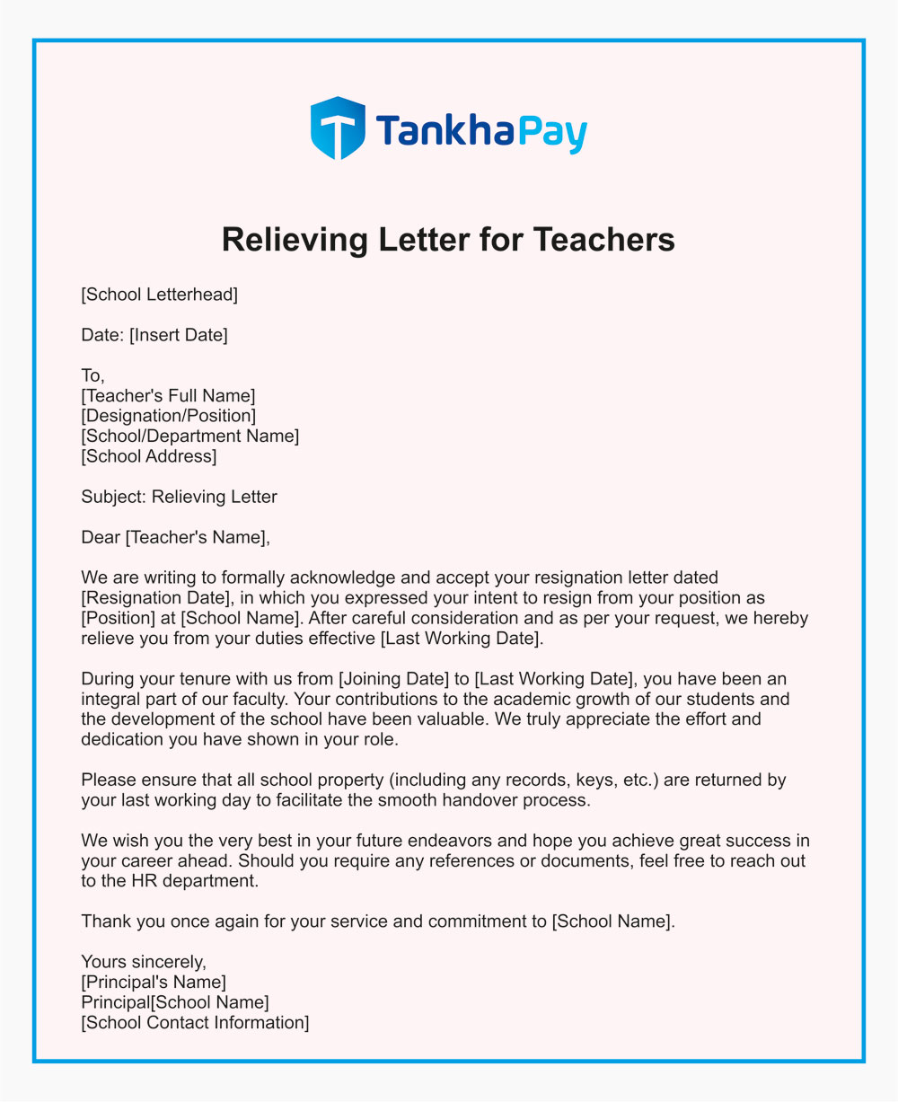 Relieving Letter for Teachers