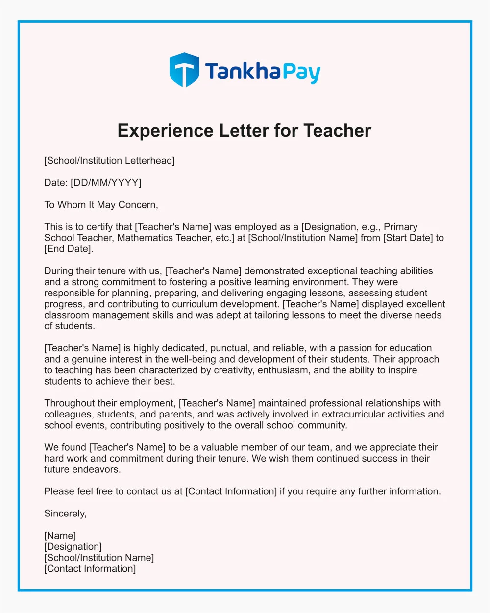 Experience Letter for Teacher